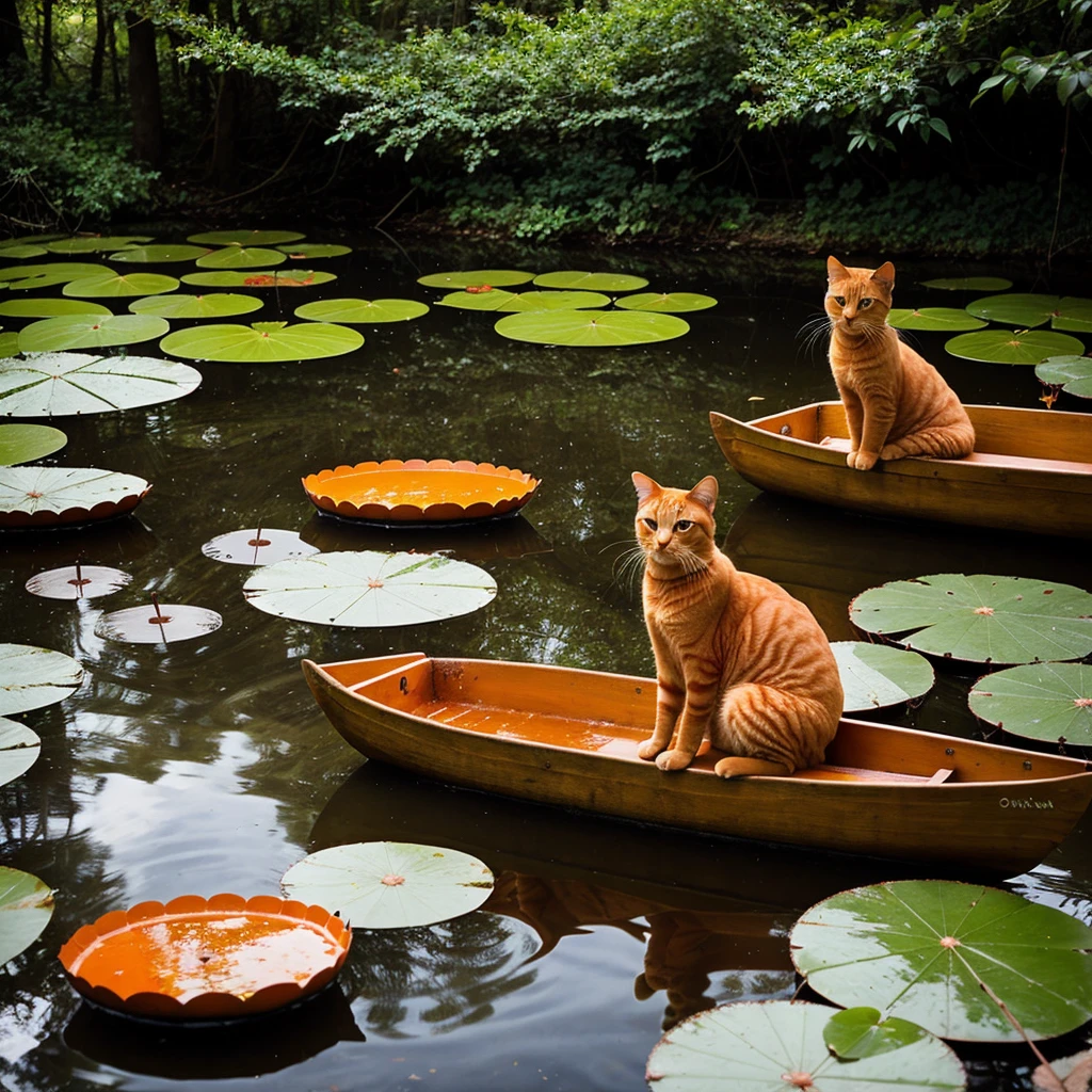 There is an orange cat that is sitting in the wooden boat in the water with lily pads