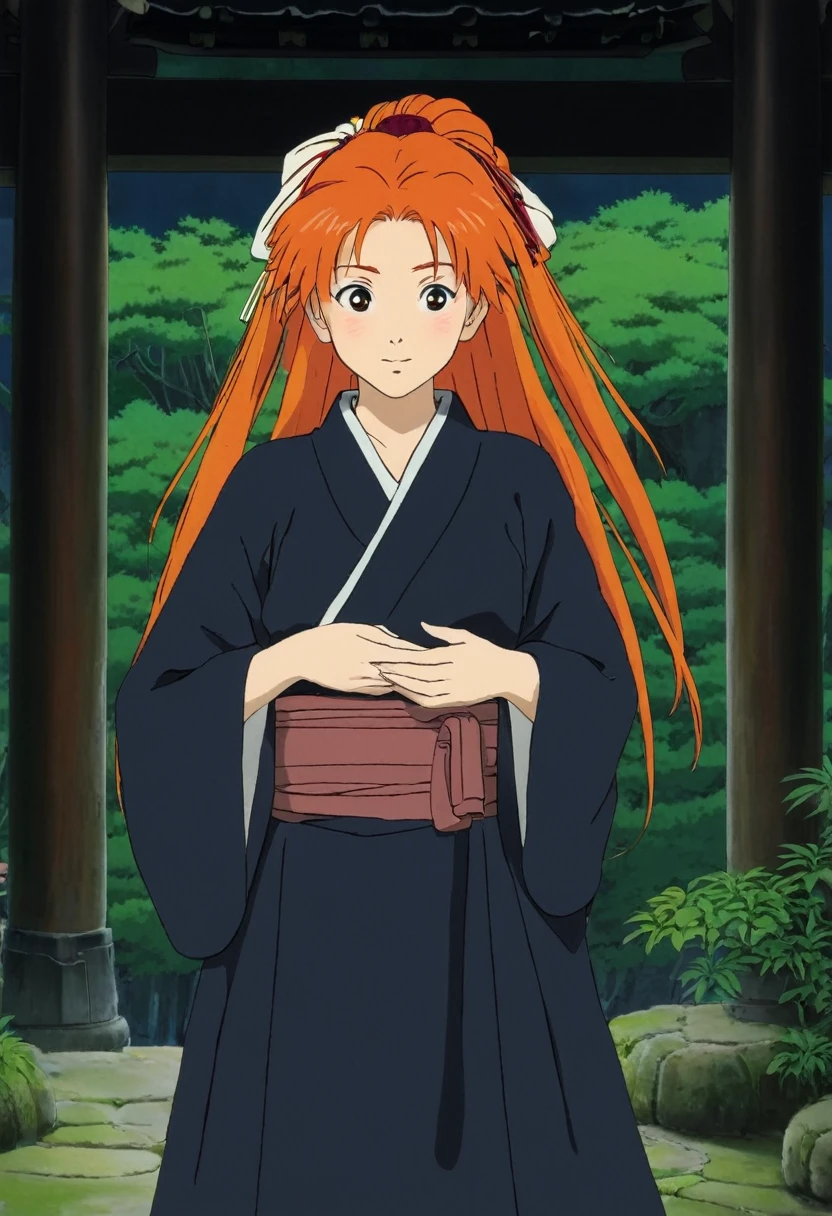 A Ghibli's studio character (2D). She have long orange hair are tied but look messy. She wears traditional dark oiran clothes . she seems cold