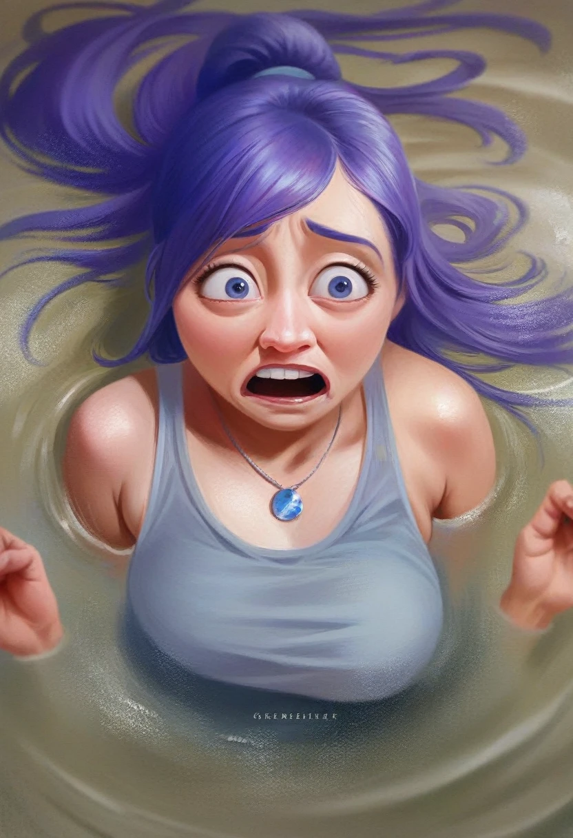 A Japanese girl., purple hair in a ponytail, blue necklace, gray tank top, scared, stuck in quicksand reaching up to her breast, trying to move to get free, Pixar in 3D, (Best Quality, 4k, 8k, high resolution, Masterpiece: 1.2), ultra detailed, (realist, photorealist, photo-realist: 1.37), quicksand, vivid colors, studio lighting