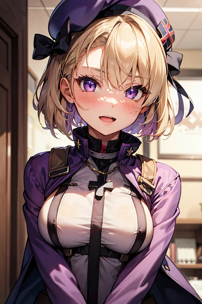 1girl, best quality, purple eyes, blonde hair, short hair, beret, military uniform, medium breasts, young, warm smile, coat, indoors, short_hair, blush, bangs, breasts, bow, hair bow, cross, purple eyes, iron cross, open mouth, hair between eyes