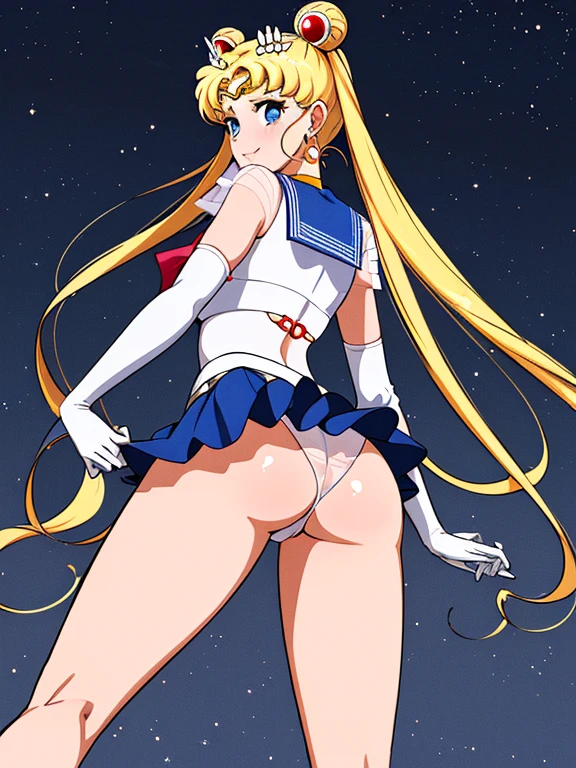 ((NSFW)), back shot, is, Masterpiece, The best quality, nothing, Manager 1, 1 girl, only, Uniforme Sailor Senshi, Sailor Moon, Usagi Tsukino, rubio, Magical Girl, blue eyes, white thong, string panty, red neckerchief, elbow gloves, tiara, blue skirt, pleated skirt, mini skirt, choker, white gloves, jewely, earrings, They are smiling, The background is space (excellent detail, Excellent lighting, wide angle), skirt lift, show panties, ((showing legs)), sin panties, from behind and front