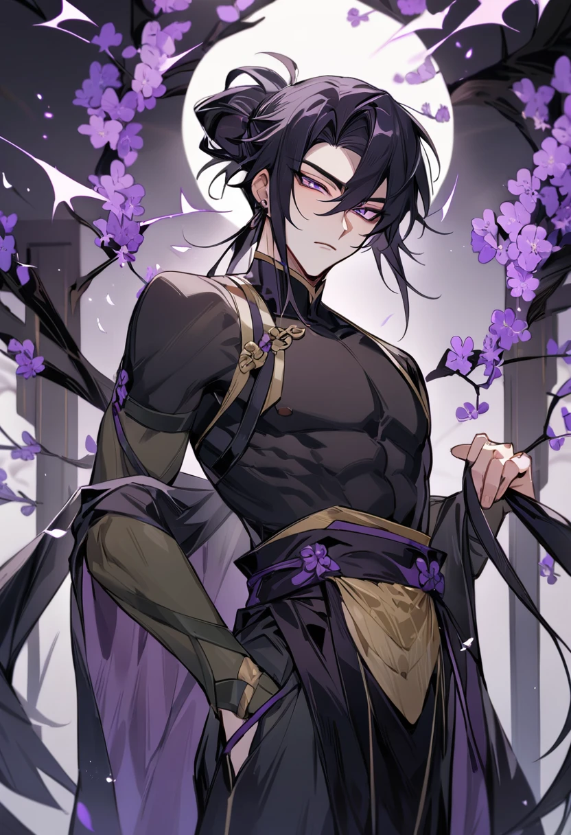 (masterpiece, best quality:1.2), 1male, solo, jiang cheng, mo dao zu shi, mdzs, purple and black clothes, purple eyes, long black hair, perfect anatomy