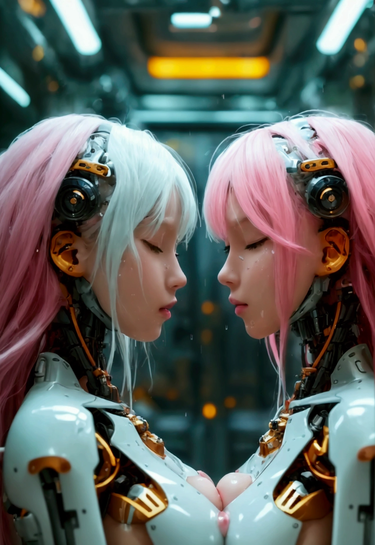 2 Robotic girls, inside capsule, naked, long hair, big breast, pink hair, white hair, wet body, machines around, interior, closed eyes, on top, logic anathomy body, 2 girls, long shot, sex missionary pose, seductive face, lying, orgasm face