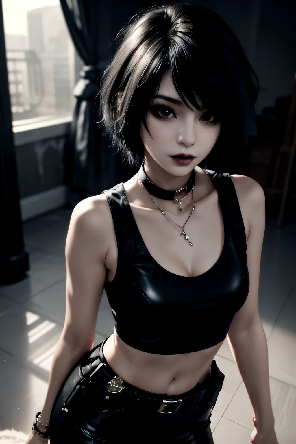 1girl, woman, emo_hairstyle, black lipstick, dog collar, eyeliner, eye shadow, smoky eyes, realistic lighting, black leather business shirt, leather shorts, black thighhighs, short hair, flat chest, shiny skin, smug, smirk.