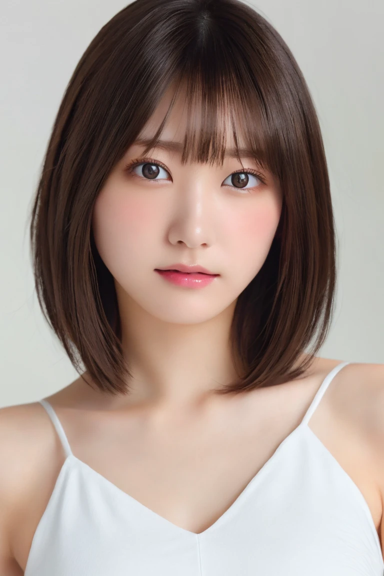 (8K.Highest quality), (beautiful)、Very delicate eyes、Brown eyes、22-year-old female、Brown Hair、Fine skin、Semi-short hair、Soft Breasts、bangs、camisole