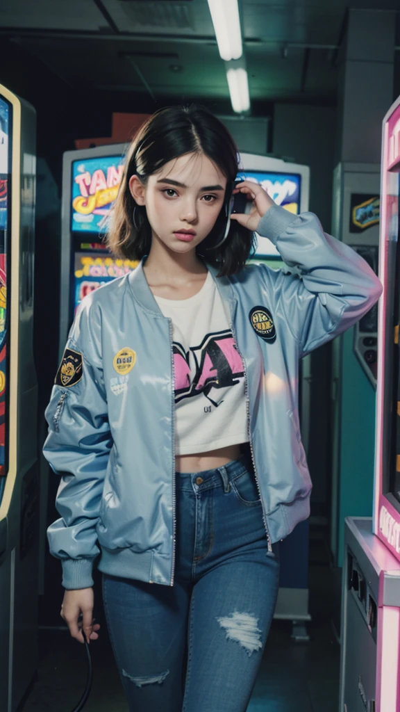 Design an illustration of a 1980s young girl wearing acid wash jeans and a bomber jacket, (listening to a Walkman) in a neon-lit room with arcade machines. Detail face