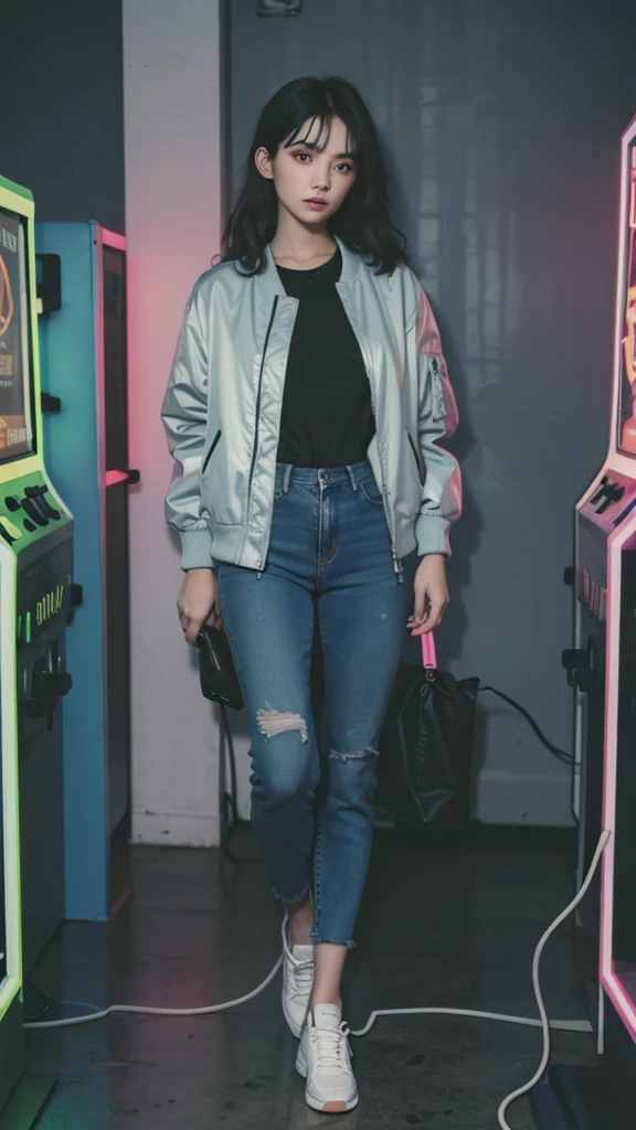 Design an illustration of a 1980s young girl wearing acid wash jeans and a bomber jacket, (listening to a Walkman) in a neon-lit room with arcade machines. Detail face