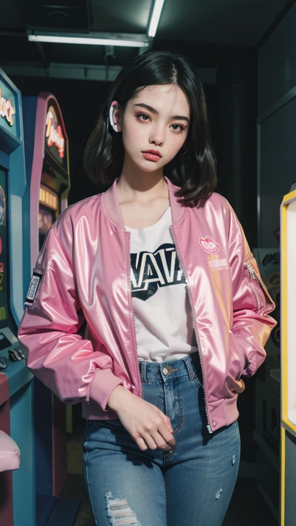 Design an illustration of a 1980s young girl wearing acid wash jeans and a bomber jacket, (listening to a Walkman) in a neon-lit room with arcade machines. Detail face