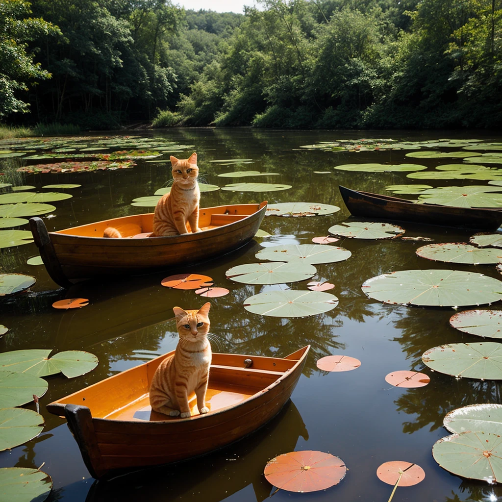 There is a single orange cat that is sitting in the wooden boat in the water with lily pads