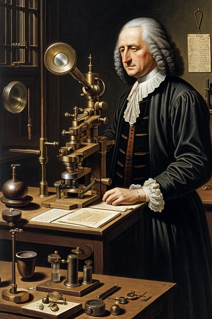 A laboratory in the 17th century Robert Hooke an English scientist observes through a primitive microscope