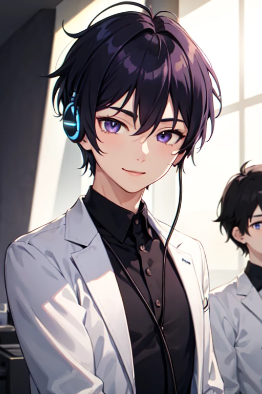 ((Best Quality)), ((Masterpiece)), (detailed)) 2 boys, first black haired boy, high, fallen spiky hair, white shirt and a smile Second guy a little short, dark purple hair, a little bangs, headphones and serious black shirt