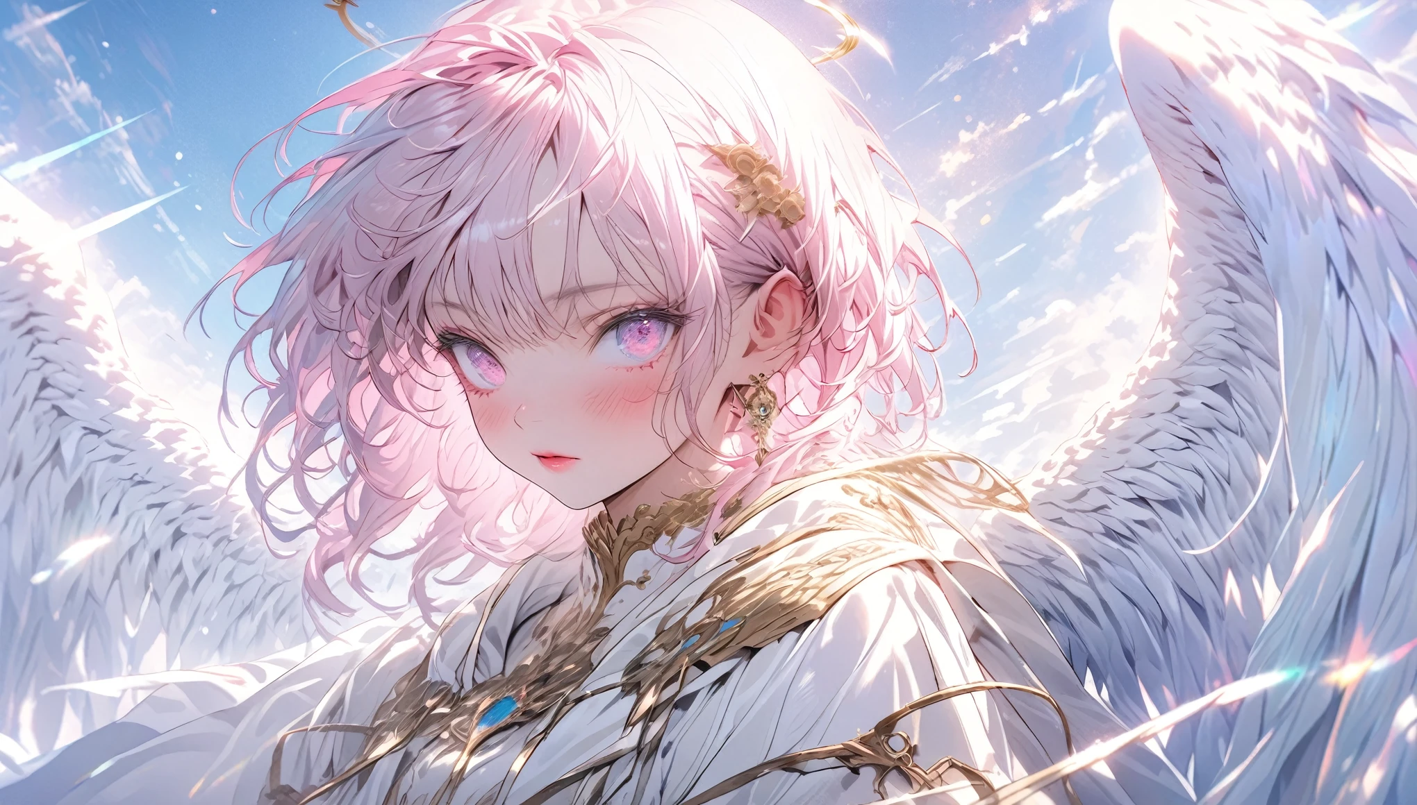 ((original photo)), ((masterpiece)), Anthropomorphic humanoid angel girl wearing white noble robe, intricate details, Intricate Gribbles Works, The sky behind, Pink, beautiful wings, Detailed eyes and lips