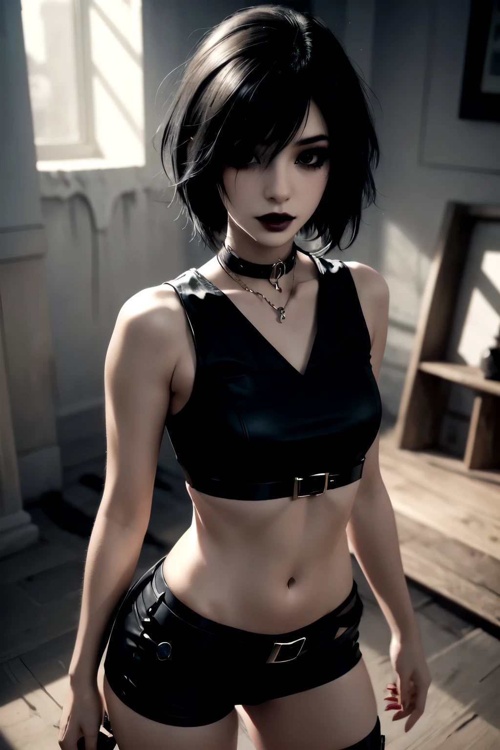 1Girl, woman, emo_hairstyle, black lipstick, dog collar, eyeliner, eye shadow, smoky eyes, realistic lighting, short hair, standing up, sexy police outfit, sleeveless.