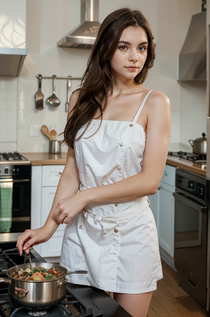 European girl with brown hair, blue eyes, hairlong, beatiful face, pale face, Beautifully styled hair, thin lips, rosy cheeks, standing by the stove in the kitchen in cool shades, prepares meals, standing in one chef's apron, in a cooking apron, beautiful neckline on the apron, beige apron, sexypose, arched back, ass in front of the camera, butt covered with chef's skirt, Correct anatomy of the hands, Correct anatomy of the fingers