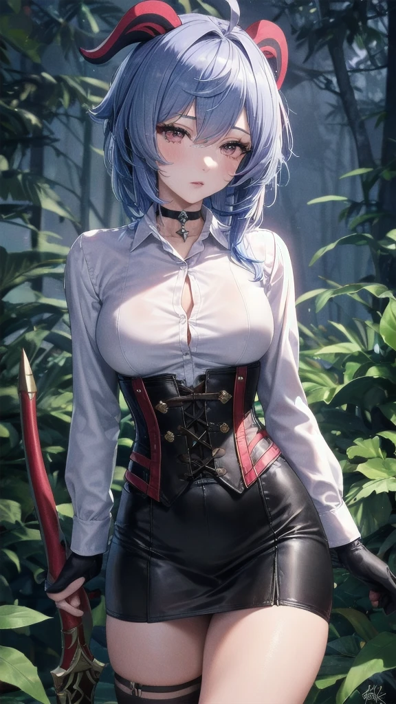 Masterpiece, Beautiful art, professional artist, 8k, sleeping expression, very detailed face, Detailed clothing, detailed fabric, 1 girl, Hiring, (genshin impact), View from the front, standing, perfectly drawn body, pale skin, shy expression, beautiful face, agregar cuernos de Hiring en la cabeza, Long sky blue hair, 4k eyes, very detailed eyes, pink cheeks, choker:1.6, (white long sleeve button down shirt with white collar), black gloves, gloves that cover hands, (holds an ax with his right hand), (black leather corset), (shiny black tight mini skirt), Sensual Lips, show details in the eyes, dark forest, at night, Atmosphere, fog