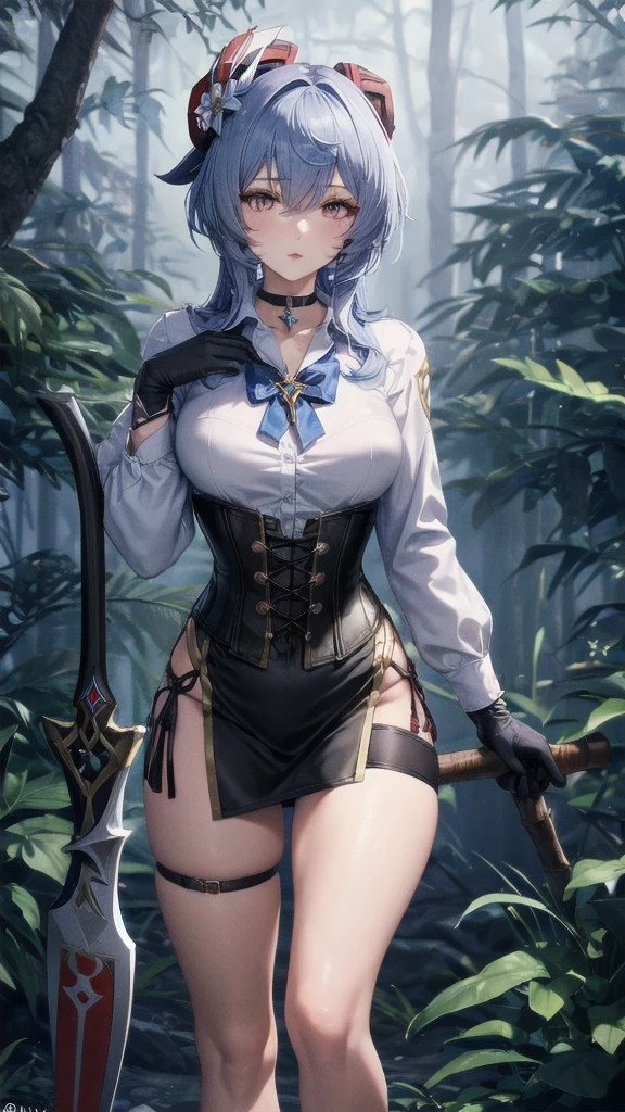 Masterpiece, Beautiful art, professional artist, 8k, sleeping expression, very detailed face, Detailed clothing, detailed fabric, 1 girl, Hiring, (genshin impact), View from the front, standing, perfectly drawn body, pale skin, shy expression, beautiful face, agregar cuernos de Hiring en la cabeza, Long sky blue hair, 4k eyes, very detailed eyes, pink cheeks, choker:1.6, (white long sleeve button down shirt with white collar), black gloves, gloves that cover hands, (holds an ax with his right hand), (black leather corset), (shiny black tight mini skirt), Sensual Lips, show details in the eyes, dark forest, at night, Atmosphere, fog