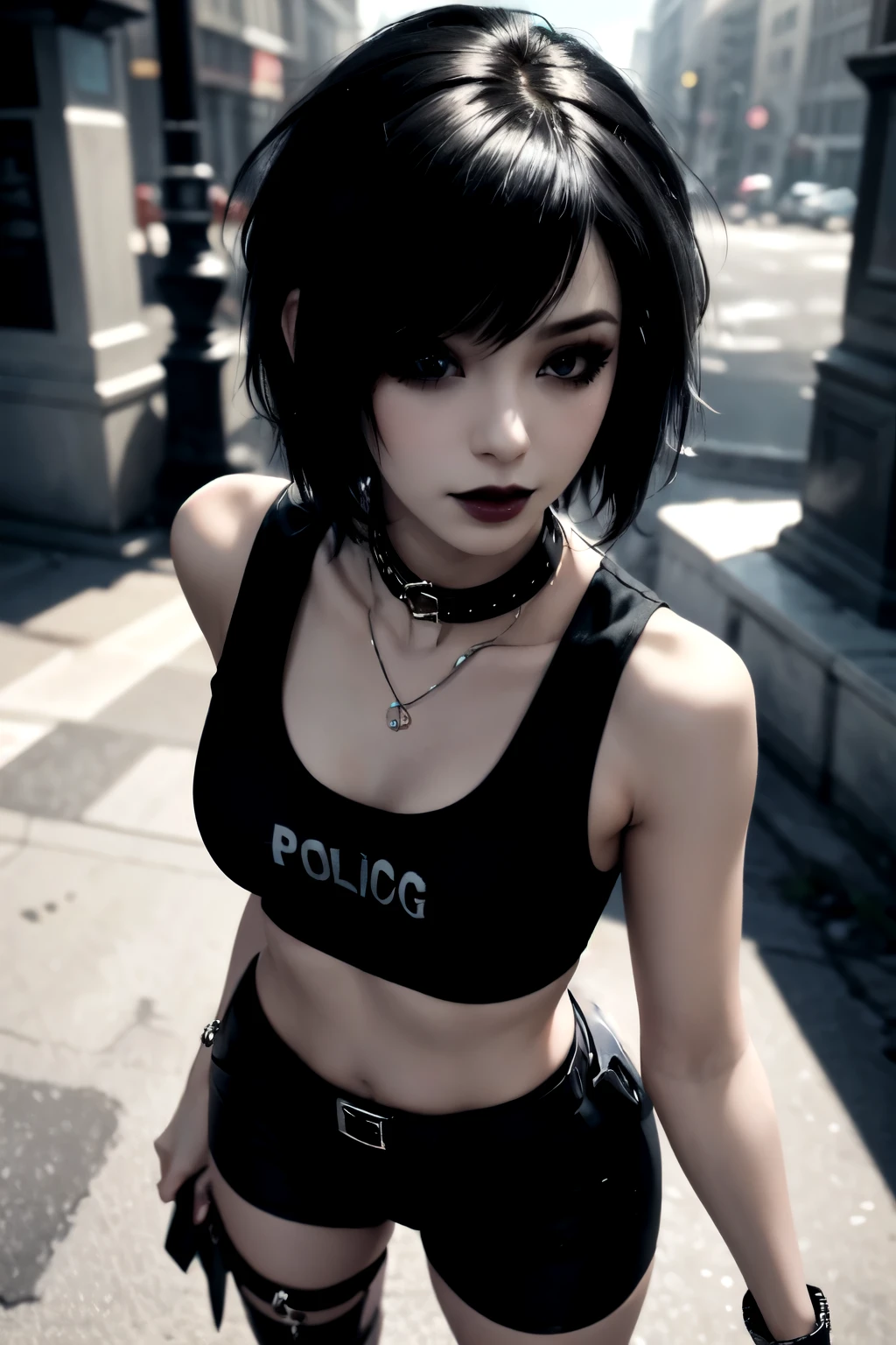 1Girl, woman, emo_hairstyle, black lipstick, dog collar, eyeliner, eye shadow, smoky eyes, realistic lighting, short hair, standing up, sexy police outfit, sleeveless.