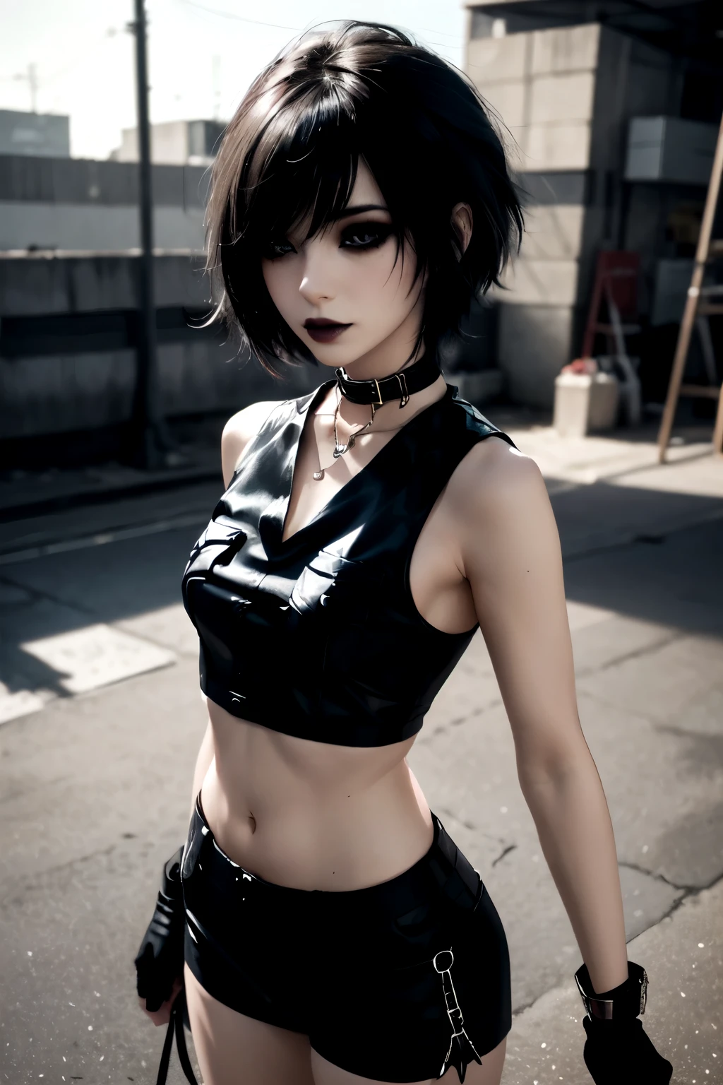 1Girl, woman, emo_hairstyle, black lipstick, dog collar, eyeliner, eye shadow, smoky eyes, realistic lighting, short hair, standing up, sexy police outfit, sleeveless.