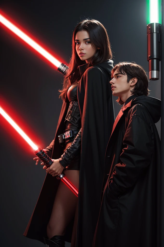 Lorran, 19 years old Brazilian brown hair with black clothes and a black coat Moreno with a red lightsaber