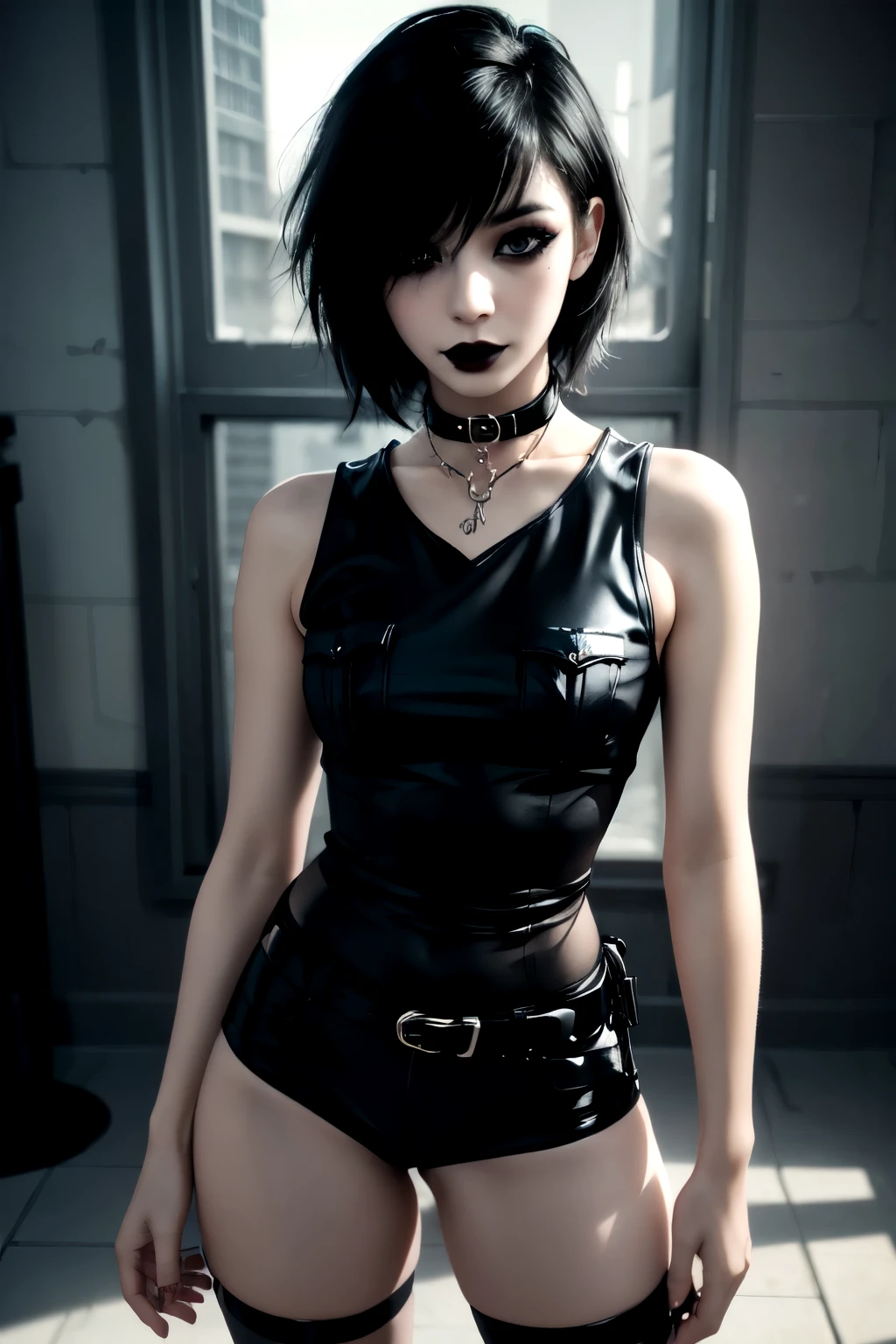 1Girl, woman, emo_hairstyle, black lipstick, dog collar, eyeliner, eye shadow, smoky eyes, realistic lighting, short hair, standing up, sexy police outfit, sleeveless.
