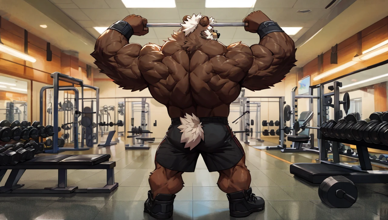 solo, 1boy, Huge Muscular Old Grizzly Bear wearing glasses , pectoral, huge pectoral, wide pectoral, short white hair, short pants black wristbands and shirtless topless, bearded, Mustache, gym background, backside,
masterpiece, high detailed, 8k, high resolution, at the gym working out his back on the lat pulldown cable machine weighing over 100lbs and 45kgs of weights pushing up the limits