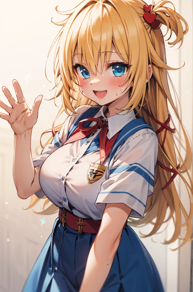 masterpiece, akai haato, ho****ve, 1girl, bangs, blonde hair, blue eyes, blush,(huge breasts), collared shirt, hair between eyes, hair ornament,heart, heart hair ornament, long hair, , neck ribbon, one side up, red ribbon, ribbon, shirt, short sleeves, sidelocks, simple background, smile, solo, sparkle, virtual youtuber, white background, white shirt, cowboy shot, :d, blue skirt,v,waving,blush,sweating,,closed mouth,indoor