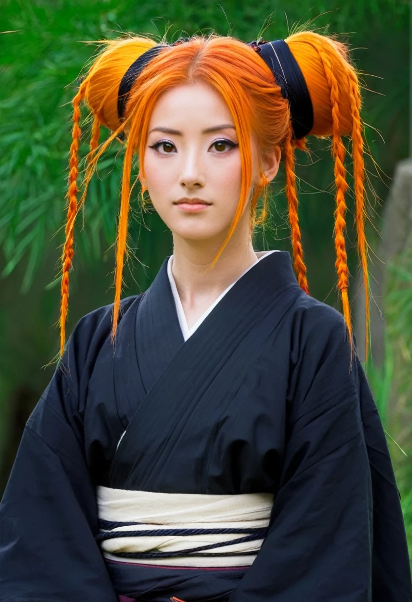 A Ghibli's studio character (2D). She have long orange hair are tied but look messy. She wears traditional dark oiran clothes . she seems cold