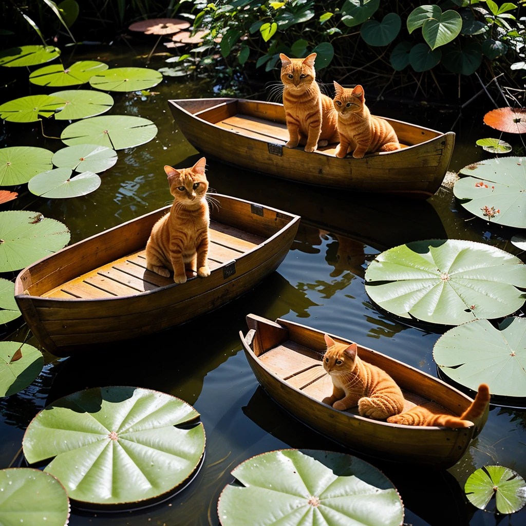 There is a one orange cat that is sitting in the wooden boat in the water with lily pads