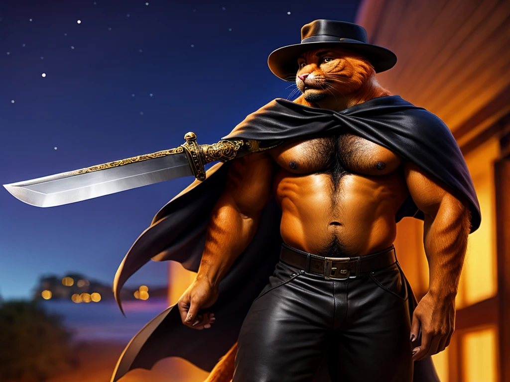 Puss is a orange cat he's wearing a black cavalier hat with a yellow feather, a black leather belt with a sword, a small black cape, and small black Corinthian boots anthro cat, male, adult, orange fur, buffed body, sexy, beefy body, furred body, beautiful, furry chest hair, realistic, full body, photorealistic, ultra realistic, 8k, night, bare-chested,