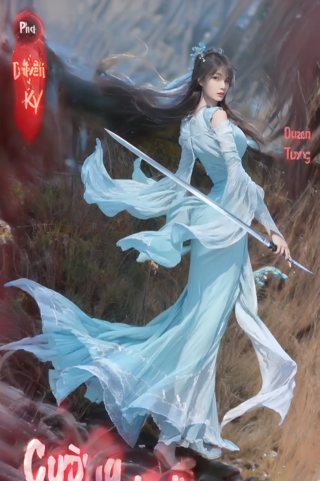 a close up of a woman in a long dress holding a sword, (Highest quality), (photoRealistic:1.4), ((Realistic image of a beautiful girl looking at the Aegean Sea at sunset)), She's wearing a Grecian-style maxi dress, Calm Aegean Sea shimmering at sunset, She has a look of serenity on her pretty face, at Santorini Island, She's watching a ocean at dusk from the Oia Castle, (Skin glowing bewitchingly in the setting sun), glistening skin, like a goddess, parted lips, Hair flapping in the wind, (Beautifully curved hourglass body shape), professional lighting and shading, POV, (extremely detailed eyes and face), eyes with beautiful details, (insanely detailed beautiful natural skin texture), Accurate eyes, Accurate hands, Well-balanced overall body, ultra high res, intricate composition, (an extremely delicate and beautiful), thin silk dress, blue sky, forest backgound
