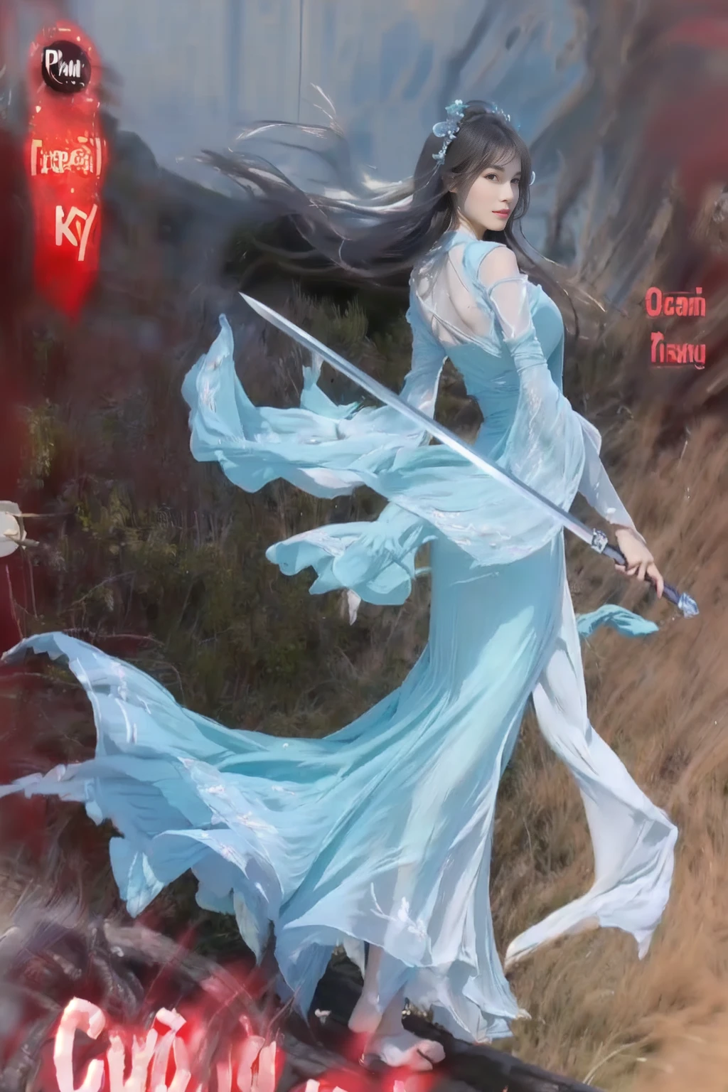 a close up of a woman in a long dress holding a sword, (Highest quality), (photoRealistic:1.4), ((Realistic image of a beautiful girl looking at the Aegean Sea at sunset)), She's wearing a Grecian-style maxi dress, Calm Aegean Sea shimmering at sunset, She has a look of serenity on her pretty face, at Santorini Island, She's watching a ocean at dusk from the Oia Castle, (Skin glowing bewitchingly in the setting sun), glistening skin, like a goddess, parted lips, Hair flapping in the wind, (Beautifully curved hourglass body shape), professional lighting and shading, POV, (extremely detailed eyes and face), eyes with beautiful details, (insanely detailed beautiful natural skin texture), Accurate eyes, Accurate hands, Well-balanced overall body, ultra high res, intricate composition, (an extremely delicate and beautiful), thin silk dress, blue sky, forest backgound