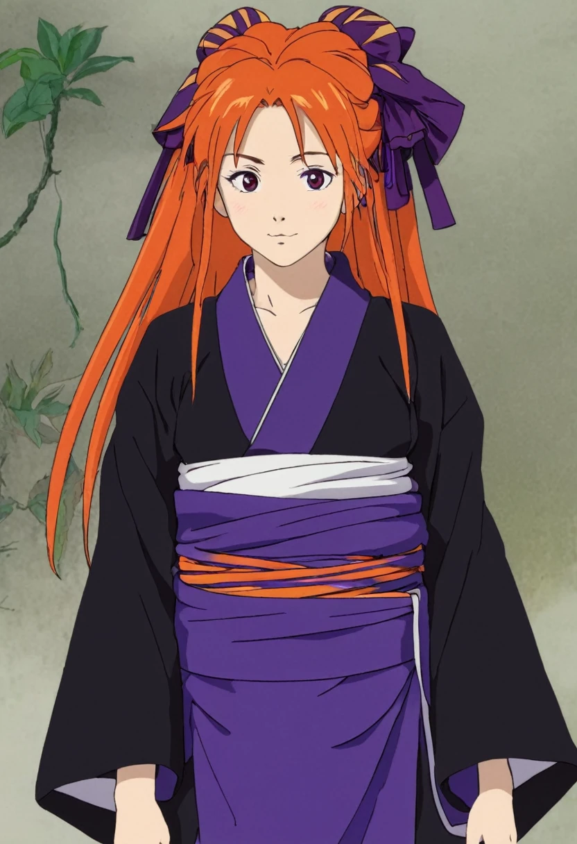A Ghibli's studio character (2D). She have long orange and purple hair are tied but look messy. She wears dark oiran clothes . she seems cold