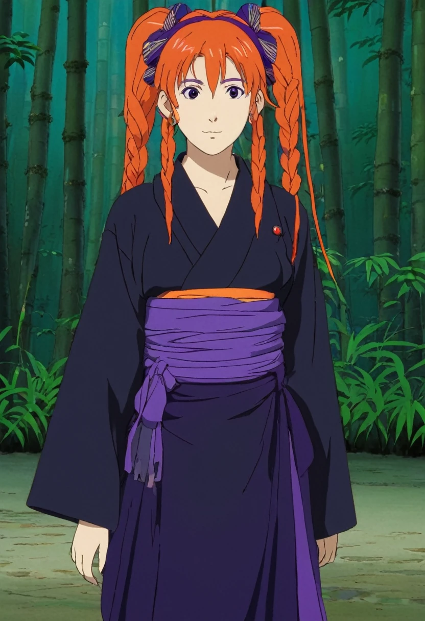 A Ghibli's studio character (2D). She have long orange and purple hair are tied but look messy. She wears dark oiran clothes . she seems cold