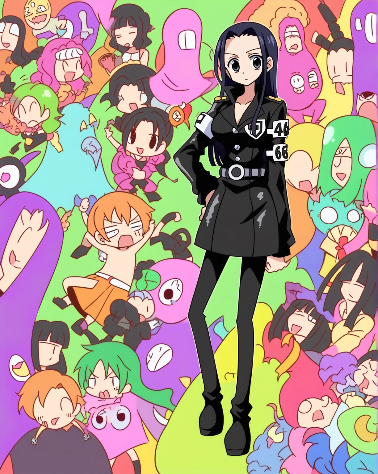 score_9, score_8_up, score_7_up, score_6_up, score_5_up, score_4_up, BREAK, source_anime, 1girl, nicoeh wearing  a black jacket, nico robin,
full body, looking at viewer, forest background , full body covered till legs, egghead outfit, complete black hairs, one piece agghead anime style, in amimation style