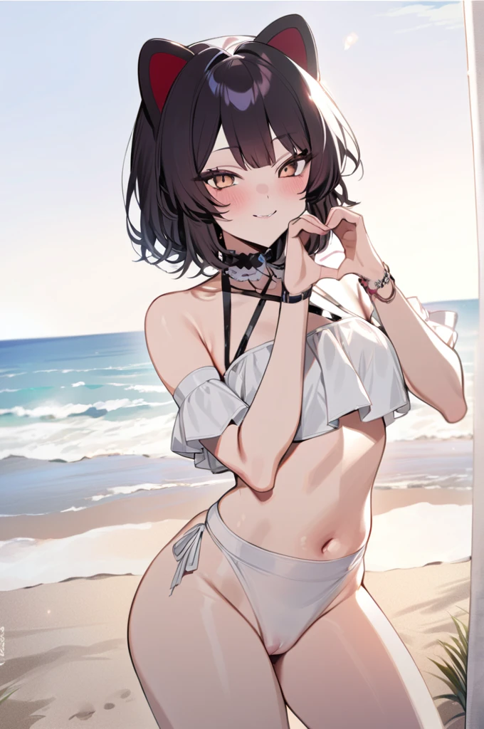 Masterpiece, best quality, nsfw ,1 girl,heart hands,beach,
White bikini, cute pose,smile,gothic
Official style, nijisanji,inui toko, 