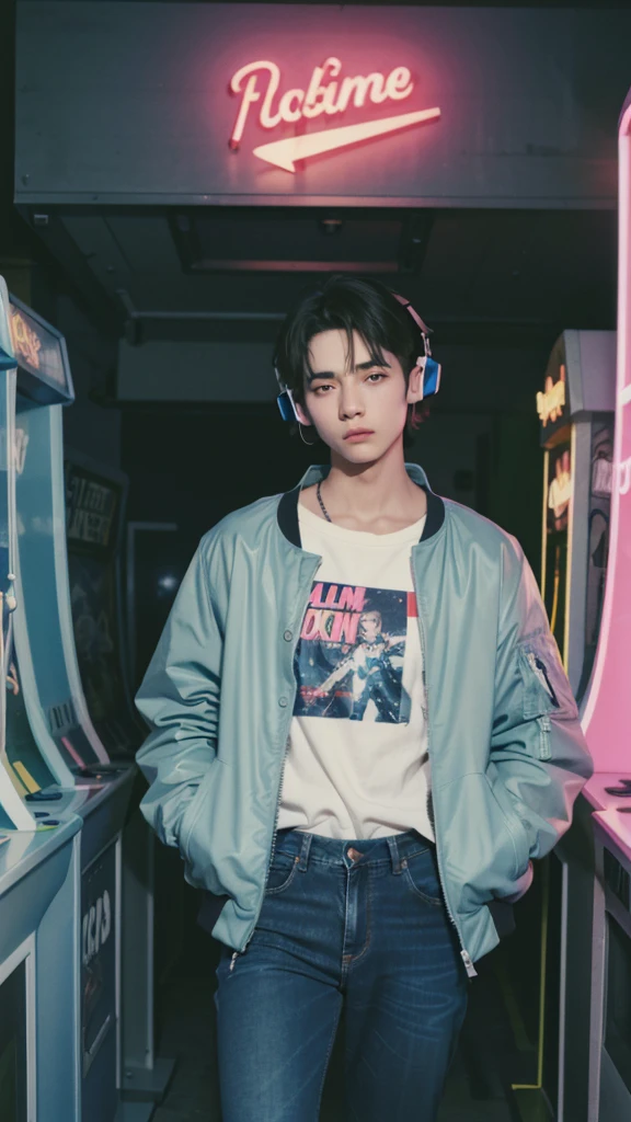 Design an illustration of a 1980s young men wearing acid wash jeans and a bomber jacket, (listening to a Walkman) in a neon-lit room with arcade machines. Detail face