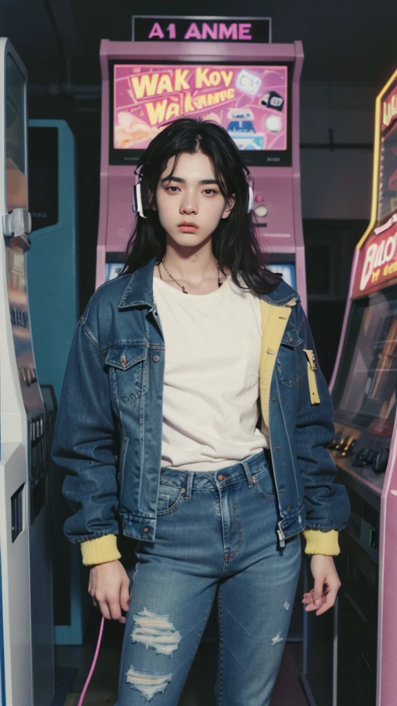 Design an illustration of a 1980s young men wearing acid wash jeans and a bomber jacket, (listening to a Walkman) in a neon-lit room with arcade machines. Detail face