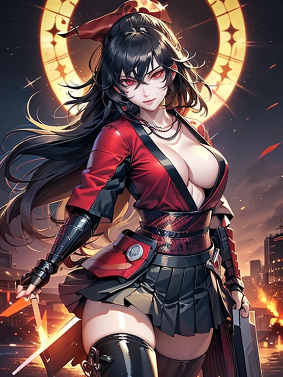 ((nsfw)), Anime, Girl, (((1girl))), (((Waifu, Raven Branwen, Raven Branwen Waifu))), (((Black Hair, Messy Hair))), ((Crimson Red Eyes eyes: 1.3, Upturned Eyes: 1, Perfect Eyes, Beautiful Detailed Eyes, Gradient eyes: 1, Finely Detailed Beautiful Eyes: 1, Symmetrical Eyes: 1, Big Highlight On Eyes: 1.2)), (((Lustrous Skin: 1.5, Bright Skin: 1.5, Skin Fair, Shiny Skin, Very Shiny Skin, Shiny Body, Plastic Glitter Skin, Exaggerated Shiny Skin, Illuminated Skin))), (Detailed Body, (Detailed Face)), Young, Lolita, (Best Quality), (((Bicep-high Gauntlets, Armored Boots, Thigh-high Heeled Boots, Armored Gauntlets))), (((Battle Kimono))), (((Skirt))), High Resolution, Sharp Focus, Ultra Detailed, Extremely Detailed, Extremely High Quality Artwork, (Realistic, Photorealistic: 1.37), 8k_Wallpaper, (Extremely Detailed CG 8k), (Very Fine 8K CG), ((Hyper Super Ultra Detailed Perfect Piece)), (((Flawless masterpiece))), Illustration, Vibrant Colors, (Intricate), High Contrast, Selective Lighting, Double Exposure, HDR (High Dynamic Range), Post-processing, Background Blur