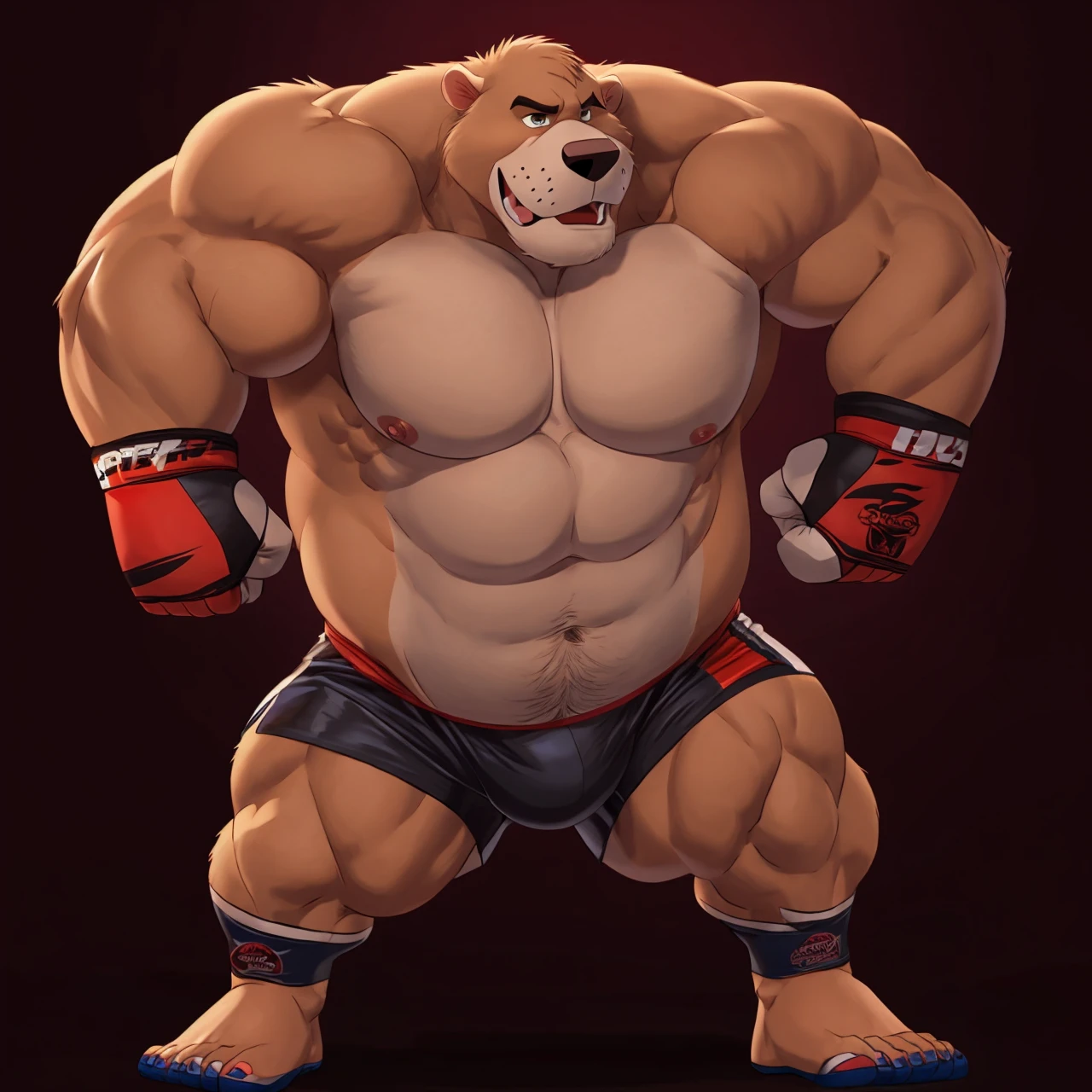 Baloo as the kickboxing MMA Champion, huge thick muscles, shirtless and topless, kickboxing gloves, MMA shorts, footwear, brown fur, correct anatomy, by Walt Disney