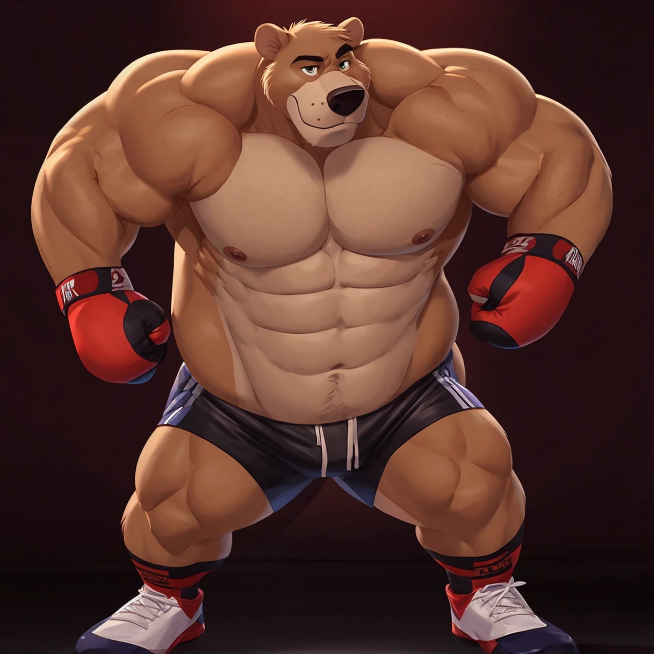 Baloo as the kickboxing MMA Champion, huge thick muscles, shirtless and topless, kickboxing gloves, MMA shorts, footwear, brown fur, correct anatomy, by Walt Disney