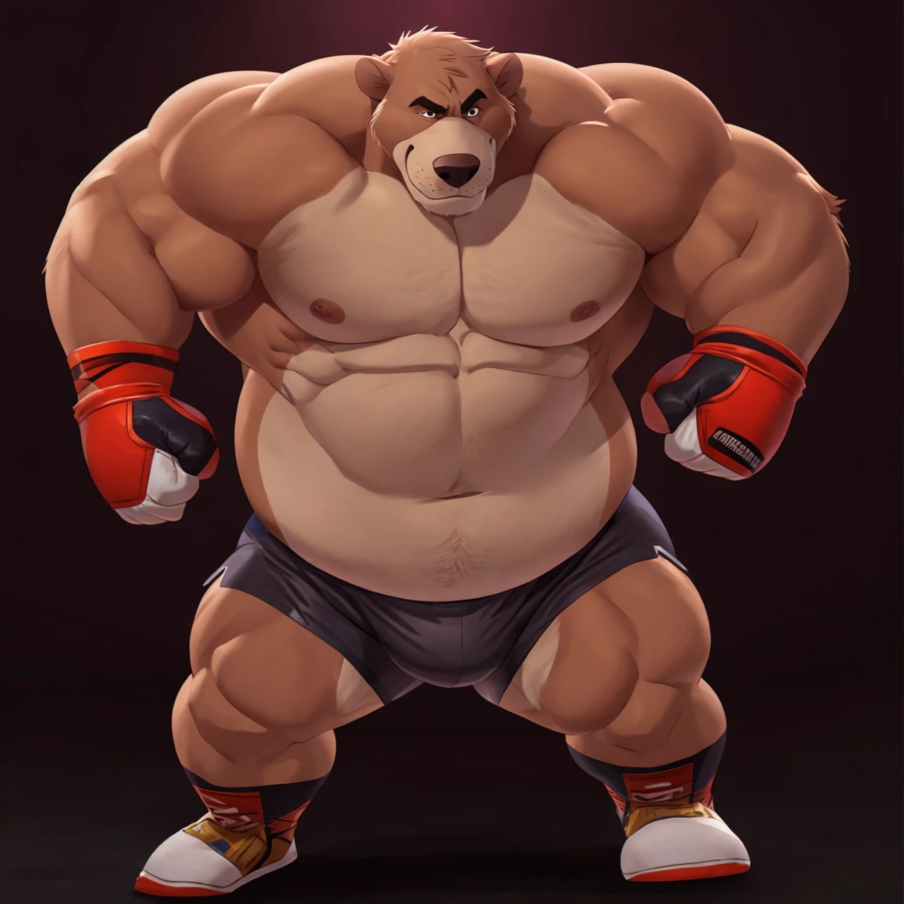 Baloo as the kickboxing MMA Champion, huge thick muscles, shirtless and topless, kickboxing gloves, MMA shorts, footwear, brown fur, correct anatomy, by Walt Disney