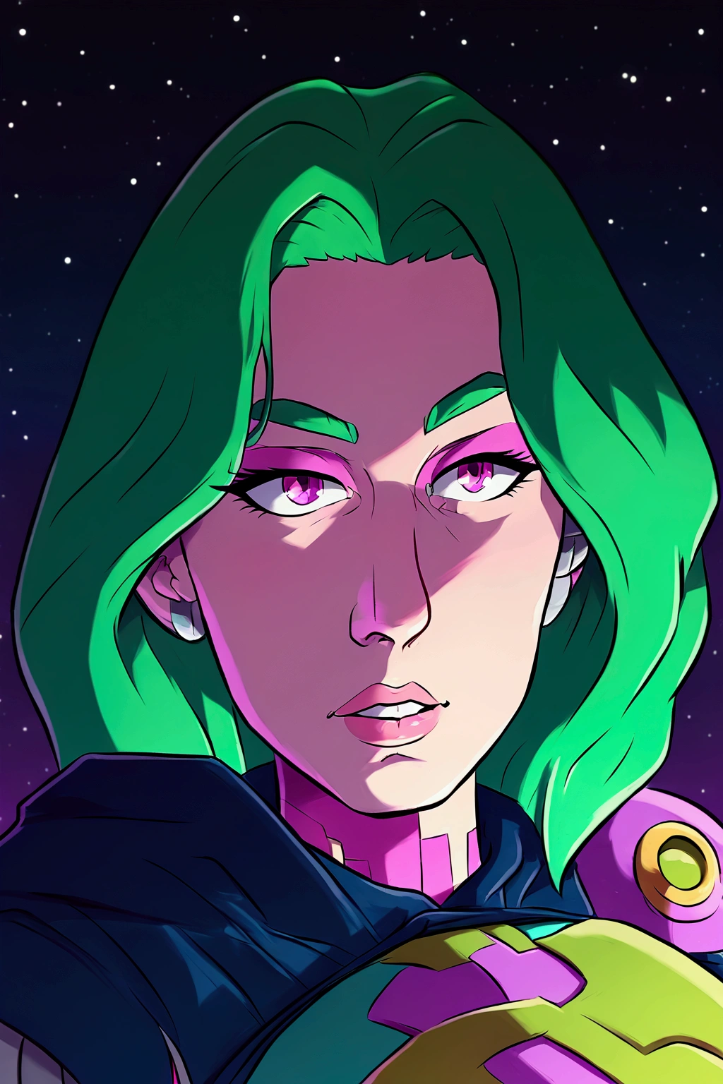  a woman with green hair, girl of the zodiac knights, portrait girl of the zodiac knights, girl in space, queen of the galaxy, goddess of the galaxies, cosmic girl, saiyan girl, molly space, on a galaxy-looking background, intergalactic princess, android heroine, cyborg goddess in cosmos, sitting on top of Pluto, with one's legs crossed.