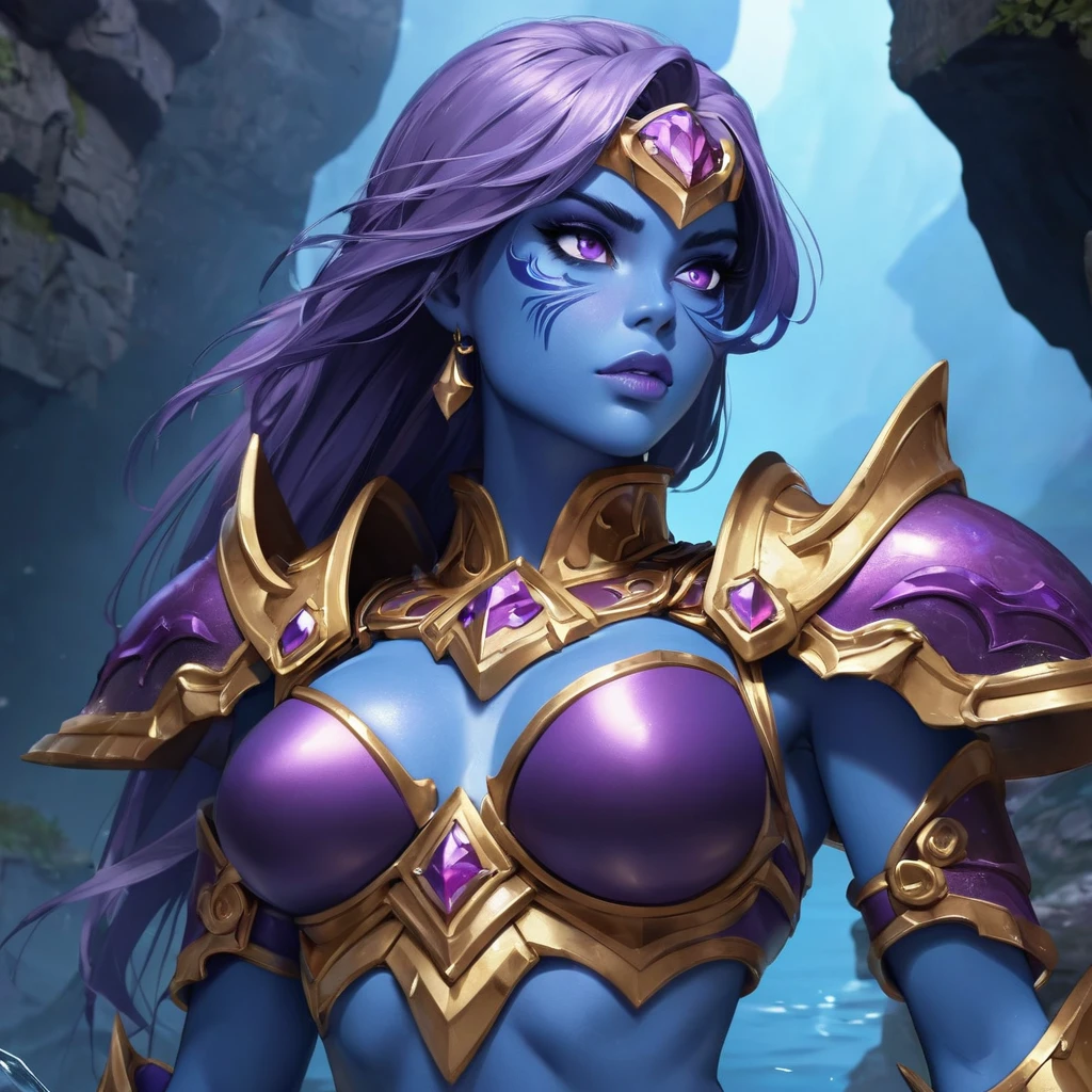 super quality, beautiful detail, super detailed, extra fine, 16K, exquisite, absurd, high resolution, masters of the universe. a (blue skinned, blue skin:1.2) female warrior, She has long dark purple colored hair with lots of volume and wears (purple bikini armor, armored collar and shoulder pads:1.3), gold trim. (detailed face, detailed eyes) (best quality,4k,8k,highres,masterpiece, colorful, vibrant colors:1.2) , long eyelashes, ((detailed lips)), narrow eyes, lavender colored eyes. Good hands, detailed hands. Cave interior background. Show her wading through water (confidently walking,  determined stride:1.1), in a dark cave with green stone walls, water pours down the walls, bright lichen grows on the stones. The fin of a large fish sticks out of the water.  Tentacles stick out of the water. (No visible sky:1.2)