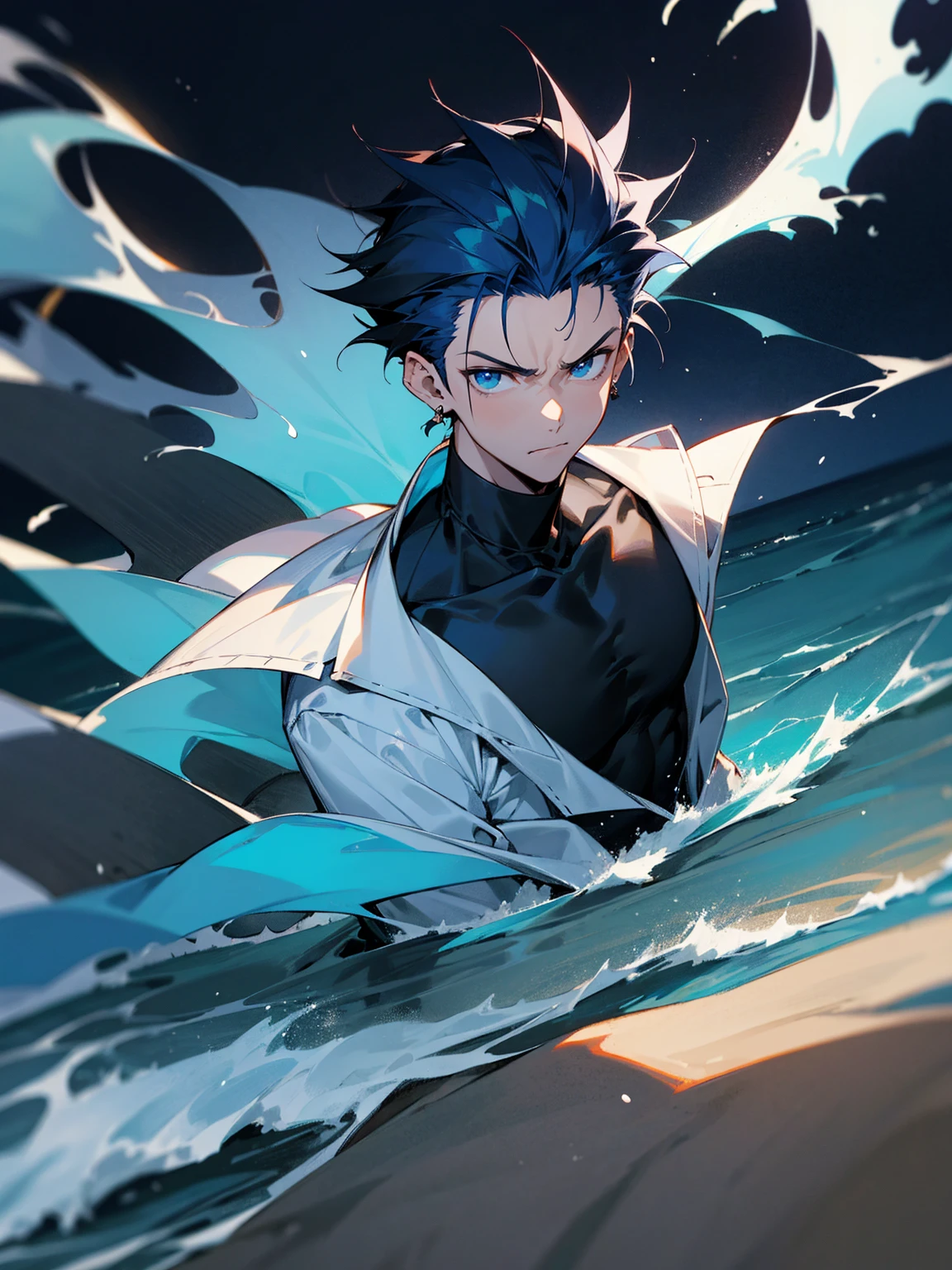 1male, dark blue hair, spiky hair, medium length hair,  light blue eyes, blue Yukata, black turtle neck shirt, earrings, serious, beach, night time, waves in background