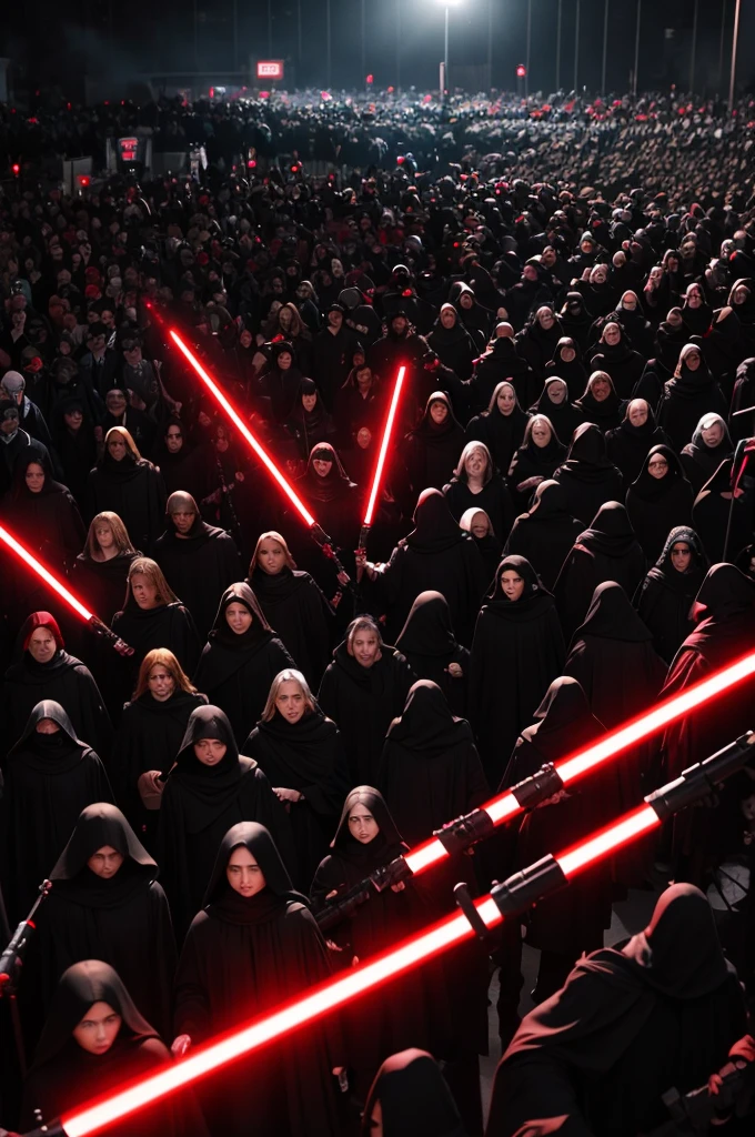 An army of people in black clothes and red lightsabers