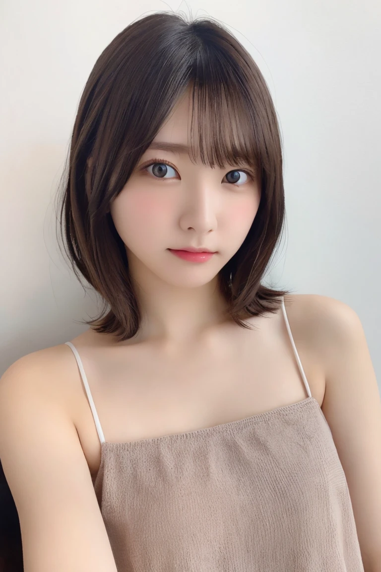 (8K.Highest quality), (beautiful)、Very delicate eyes、Brown eyes、22-year-old female、Brown Hair、Fine skin、Semi-short hair、Soft Breasts、bangs、camisole、Selfie