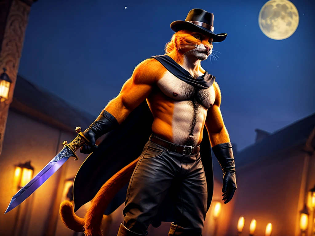 Puss is a orange cat he's wearing a black cavalier hat with a yellow feather, a black leather belt with a sword, a small black cape, and small black Corinthian boots anthro cat, male, adult, orange fur, buffed body, sexy, beefy body, furred body, beautiful, furry chest hair, realistic, full body, photorealistic, ultra realistic, 8k, night, bare-chested, 