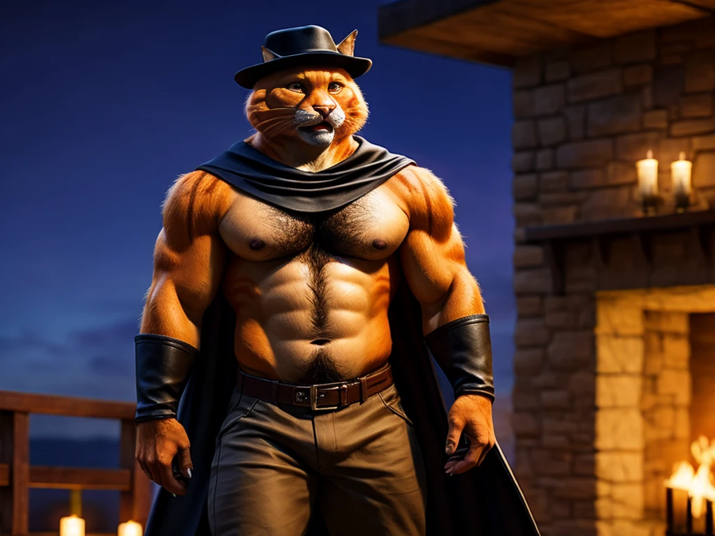 Puss is a orange cat he's wearing a black cavalier hat with a yellow feather, a black leather belt with a sword, a small black cape, and small black Corinthian boots anthro cat, male, adult, orange fur, buffed body, sexy, beefy body, furred body, beautiful, furry chest hair, realistic, full body, photorealistic, ultra realistic, 8k, night, bare-chested, 