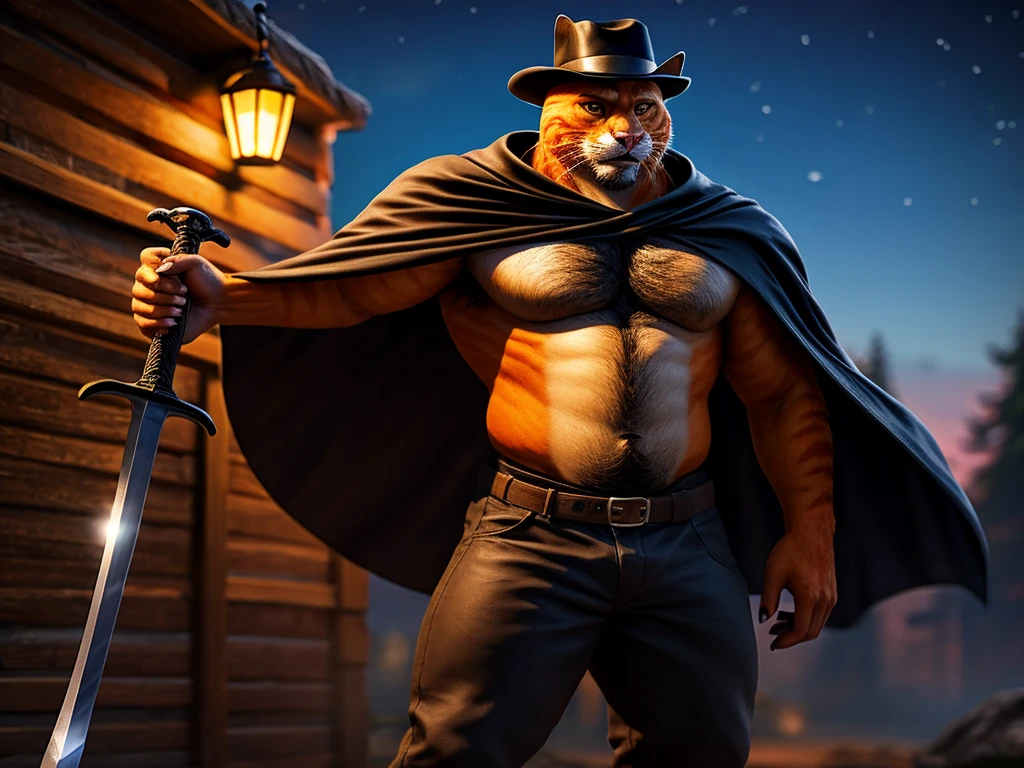 Puss is a orange cat he's wearing a black cavalier hat with a yellow feather, a black leather belt with a sword, a small black cape, and small black Corinthian boots anthro cat, male, adult, orange fur, buffed body, sexy, beefy body, furred body, beautiful, furry chest hair, realistic, full body, photorealistic, ultra realistic, 8k, night, bare-chested, 