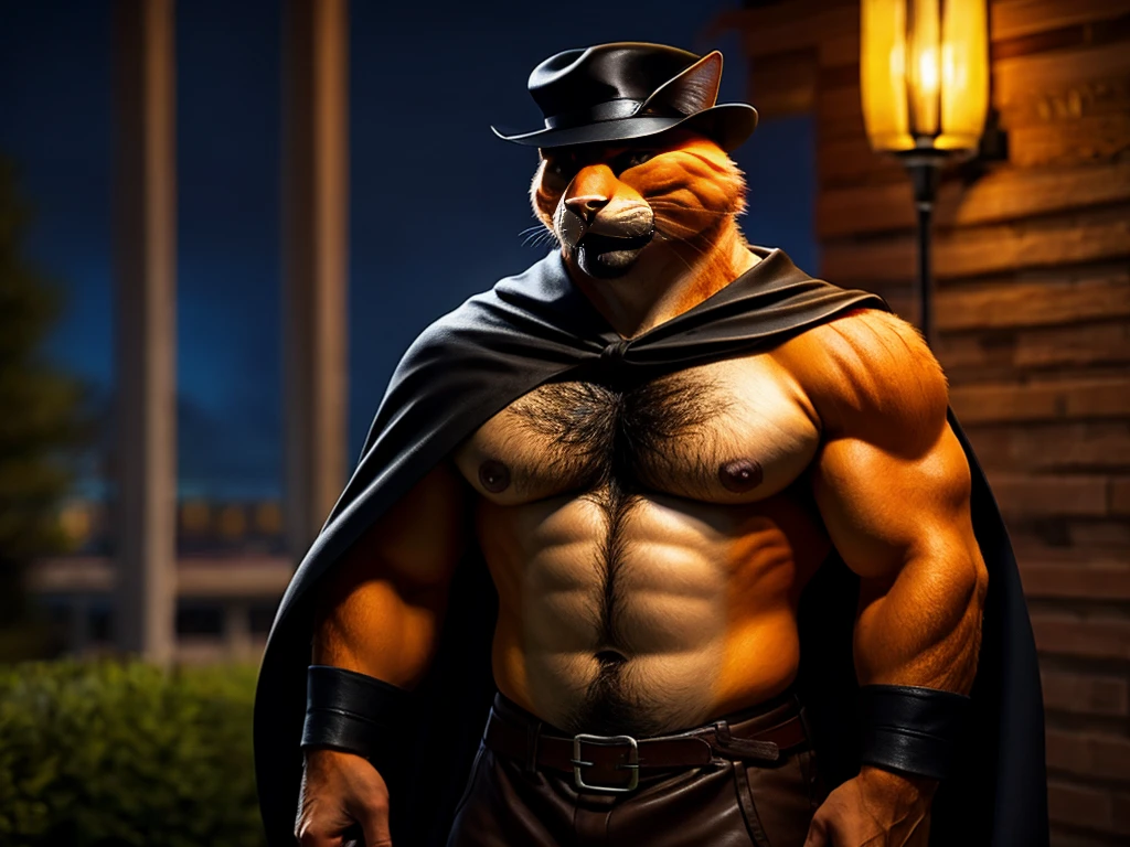 Puss is a orange cat he's wearing a black cavalier hat with a yellow feather, a black leather belt with a sword, a small black cape, and small black Corinthian boots anthro cat, male, adult, orange fur, buffed body, sexy, beefy body, furred body, beautiful, furry chest hair, realistic, full body, photorealistic, ultra realistic, 8k, night, bare-chested,